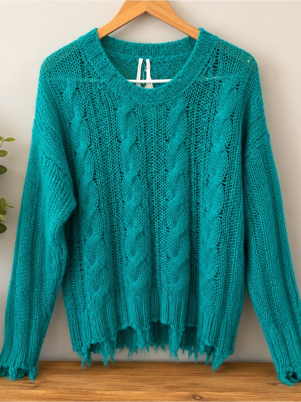 Anthropologie Green Cable Wool Blend Knit Distressed Sweater